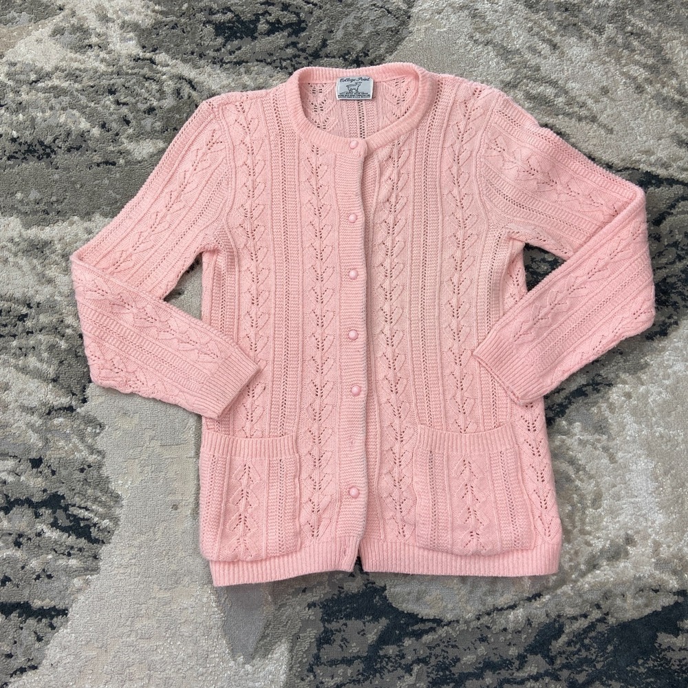 Vintage‎ College Point Cardigan Sweater Womens Pink Warm Cable Knit